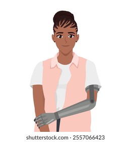 Young woman with new mechanical robotic hand made on basis of innovative technologies.  Flat vector Character Illustration