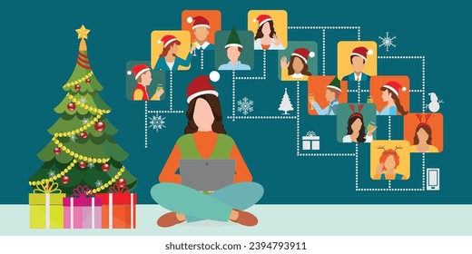 Young woman in a New Year's hat sits near the Christmas tree with a laptop in his hands celebrating New Year together with friends in a video chat.Christmas online party concept vector illustration.