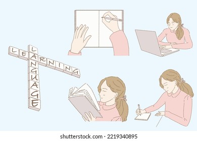 Young woman with new year's resolutions for self improvement, learn new languages, list plans, read books, write journals, take online course. Hand drawn flat cartoon character vector illustration. - Powered by Shutterstock - Get 15% off with code: PIKWIZARD15