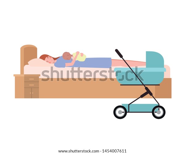 young woman with newborn\
baby in bed