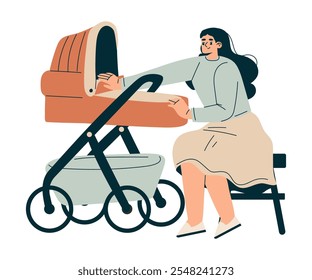 Young Woman with Newborn Baby Child in Baby Carriage Vector Illustration