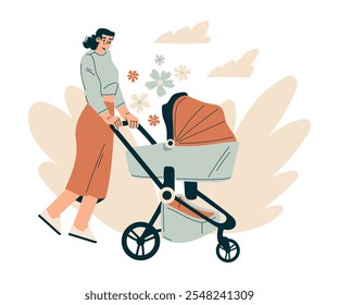 Jovem mulher com recém-nascido bebê criança andar com carro vetor ilustração