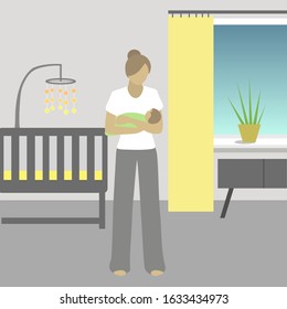 Young woman with newborn in baby room flat vector illustration. Mothers love art.