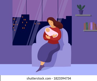 Young woman with a newborn late at night 
