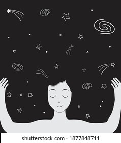 Young woman, night sky, stars, universe, hands. Concept of meditation, dream, imagination, mystery, state of mind. Hand drawn vector illustration.