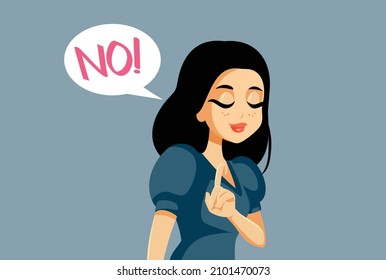 
Young Woman No Sign Gesture Vector Illustration. Girl not interested in the offer refusing politely turning down the proposal
