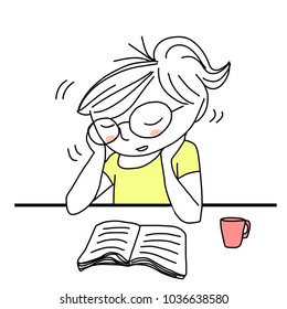 Young woman with nodding head falling asleep during reading book. Drowsy student with eyeglasses resting her chin on hands, falling asleep at desk behind text book and coffee mug. Hand-drawn vector.