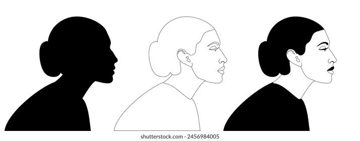 Una joven del norte de África o del Medio Oriente de perfil. Vector negro y blanco ilustración. Vista lateral de cabeza y hombros. Tres variantes de un retrato femenino, silueta, gráficos de línea