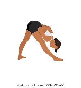 Young woman ntense Side Stretch Pose,Pyramid Pose, Single Leg Forward Bend, Parsvattanasana, Parsva Uttanasana. Practice Parsvottanasana. Flat vector illustration isolated on white back