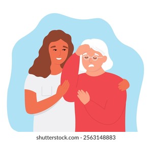 A young woman nurse helps an elderly woman cope with illness and poor health. Old lady support, empathy. Vector flat graphics.