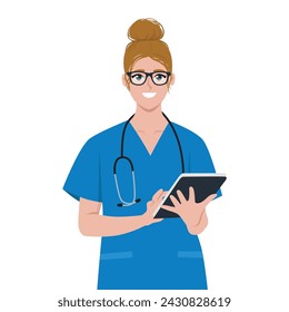 Young Woman Nurse Using Digital Tablet. Flat vector illustration isolated on white background