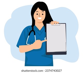 
young woman nurse wearing blue uniform with a stethoscope pointing at clipboard paper medical check up