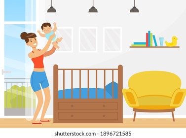 Young Woman Nursing and Playing with Baby Vector Illustration