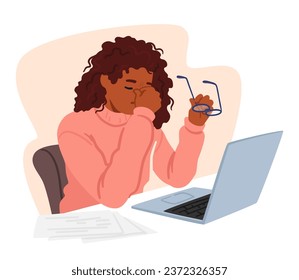 Young Woman In Office Attire Sits front of Pc At Desk Piled With Books, Holding Glasses In One Hand While Rubbing Her Tired Eyes With The Other Showing Signs Of Exhaustion. Cartoon Vector Illustration