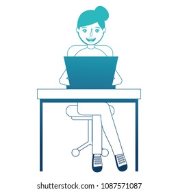 young woman in office chair and desk with laptop computer