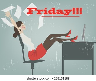 a young woman in an office chair rejoices the arrival of the weekend