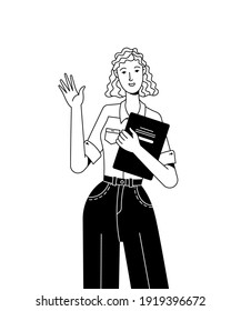 Young woman in office clothes holding documents and welcoming linear vector illustration. Friendly staff and proposal for cooperation black and white concept. Smiling female cartoon isolated character