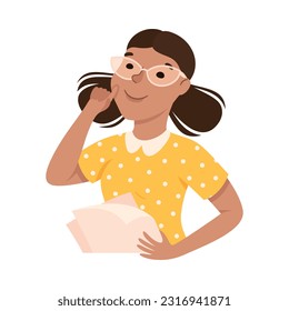 Young Woman Office Employee in Glasses with Paper Documents Thinking Vector Illustration