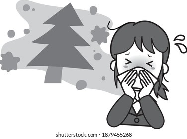A young woman with an office lady who has a runny nose due to hay fever