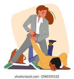 Young woman office manager cartoon character attacking bandit applying battle techniques for self defense vector illustration. Assault threaten prevention with special combative reaction for female