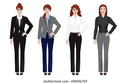 Young woman in office outfit, businesswoman look, vector illustration set