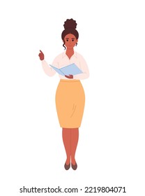 Joven en el equipo de oficina con carpeta de archivo o libro. Mujer de negocios. Profesor, empresario, oficinista. Elegante y de moda. Ilustración vectorial dibujada por mano