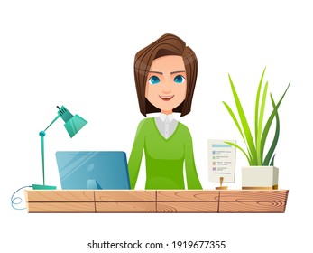 Young woman at the office table. Cartoon character and interior objects on a white background.