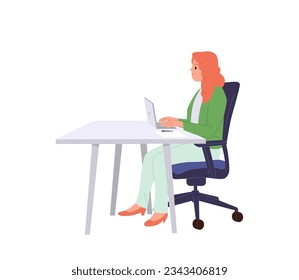 Young woman office worker cartoon character chatting on laptop keyboard working online at table