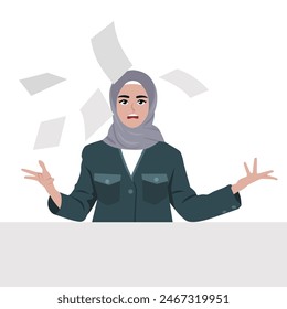 Young woman office worker screaming, shouting and throwing up papers. Flat vector illustration isolated on white background