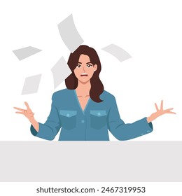 Young woman office worker screaming, shouting and throwing up papers. Flat vector illustration isolated on white background