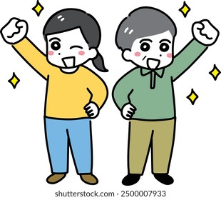 A young woman and an old man smiling and raising their fists