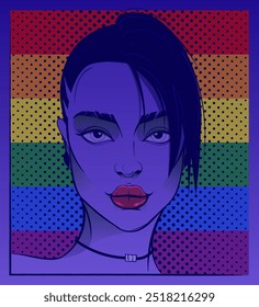 Young woman on the background of the LGBT flag. Hand drawn, graphic drawing, portrait of a woman in comic  books style. Pop Art poster with bubbles. LGBTQ+ community. Vector illustration.