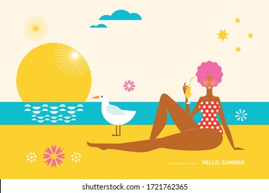 Young woman on the beach. Hello Summer. Vector flat illustration.