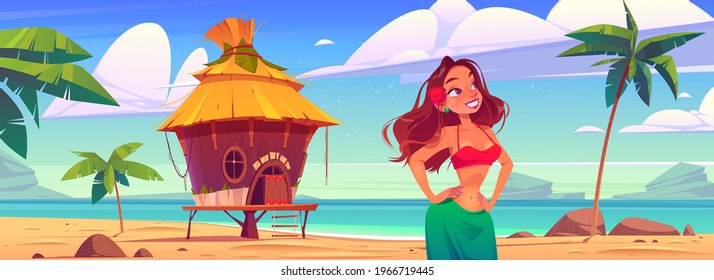 Young woman on beach with hut or bungalow on tropical island resort. Beautiful girl with red flower in hair relaxing at ocean shore with summer shack and palm trees around, Cartoon vector illustration