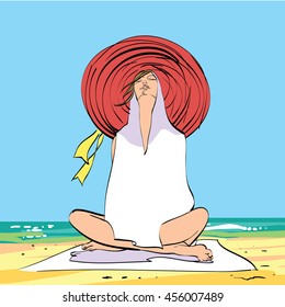 Young woman on the beach, relaxation and meditation