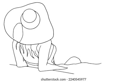 Young woman the beach sitting  Line art vector illustration  Continuous line drawing girl in hat back view  Summer vacation  Summer time concept