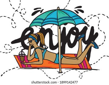 Young woman on a beach with sun umbrella