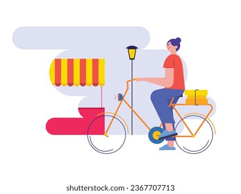 Young woman on a bicycle delivering online orders to customers, life activities in the city. Character design. Vector flat illustration