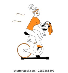 Young woman on bicycle doing spinning sport activities or fitness class, doodle vector icon