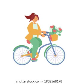 Young woman on bike with basket of flowers Vector flat isolated illustration