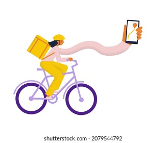Young woman on bike delivery courier girl with long hand holding mobile phone with route application. Tracking food delivery. Flat vector illustration