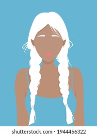 Young woman on a blue background with blond long hair gathered in braids. Pretty girl in a blue T-shirt. Design for avatars, cards, posters, backgrounds, textiles.