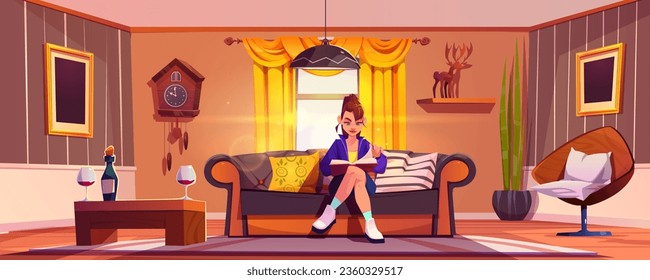 Young woman on couch reads book in living room. Cartoon cozy interior with vintage clock and decor on wall, bottle of wine and glasses on table, large window with curtains. Relaxation at home or hotel