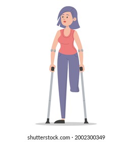 Young woman on crutches vector isolated. Injured lady, amputated leg. Concept of people with disability. Handicapped girl. Injured person. svg