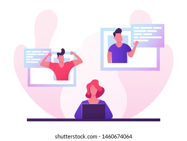 Young Woman on Dating Site. Beautiful Single Woman Browsing Online Date Website Using Laptop. Attractive Girl Sitting at Computer Screen Chatting with Men in Internet. Cartoon Flat Vector Illustration