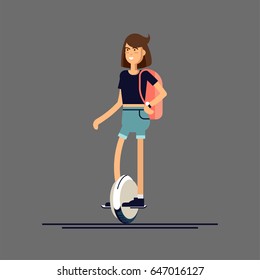 Young woman on electric scooter mono wheel. Vector flat illustration of modern device mono wheel, isolated. Mono wheel as urban personal transport