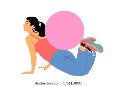 Young woman on the floor exercise in gym vector illustration. Fit lady with pilates ball. Losing weight concept. Fitness girl workout and doing push up. Health care active, worming up.