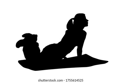 Young woman on the floor exercise in gym vector silhouette illustration. Fit lady on pilates treatment. Losing weight concept. Fitness girl workout and doing push up. Health care active, worming up.