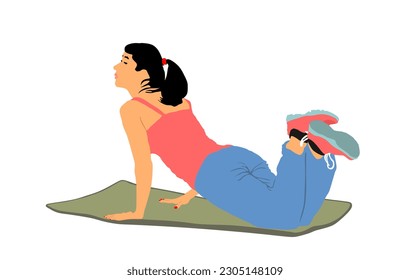 Young woman on the floor exercise in gym vector illustration isolated on white background. Fit lady losing weight. Fitness girl workout and doing push up. Health care active, worming up female.