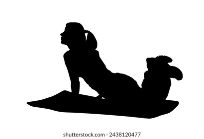 Young woman on the floor exercise in gym vector silhouette illustration. Fit lady body shape treatment. Losing weight concept. Fitness girl workout and doing push up. Health care active, worming up.